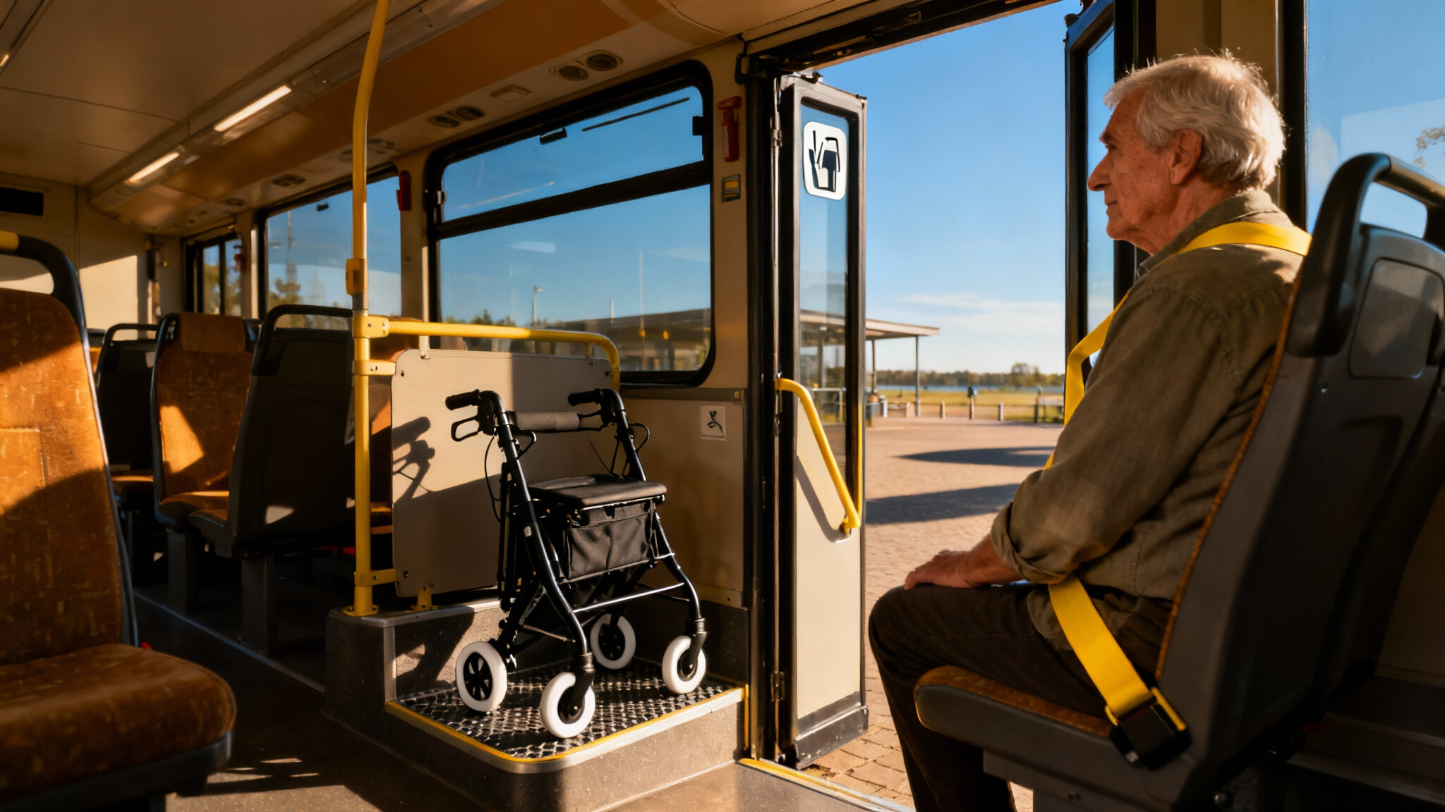 Fernbus, aber bequem – Sitzplatz, Pausen, WC & Rollator an Bord