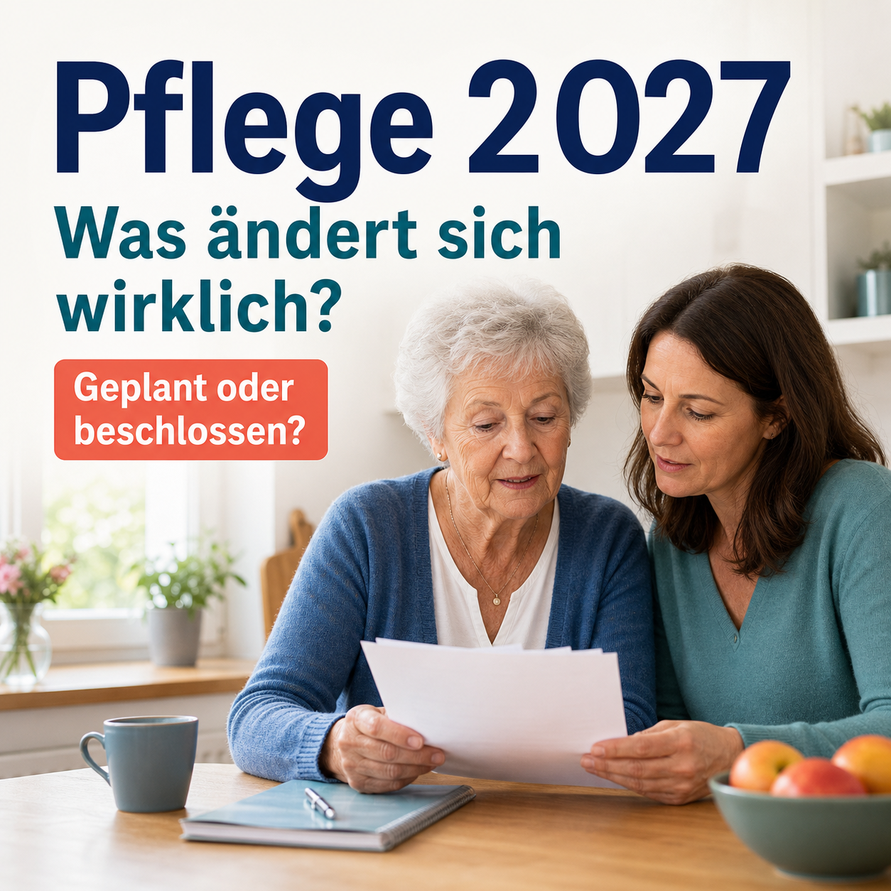 Eine ältere Frau und ihre Tochter lesen gemeinsam Unterlagen zur geplanten Pflegereform 2027